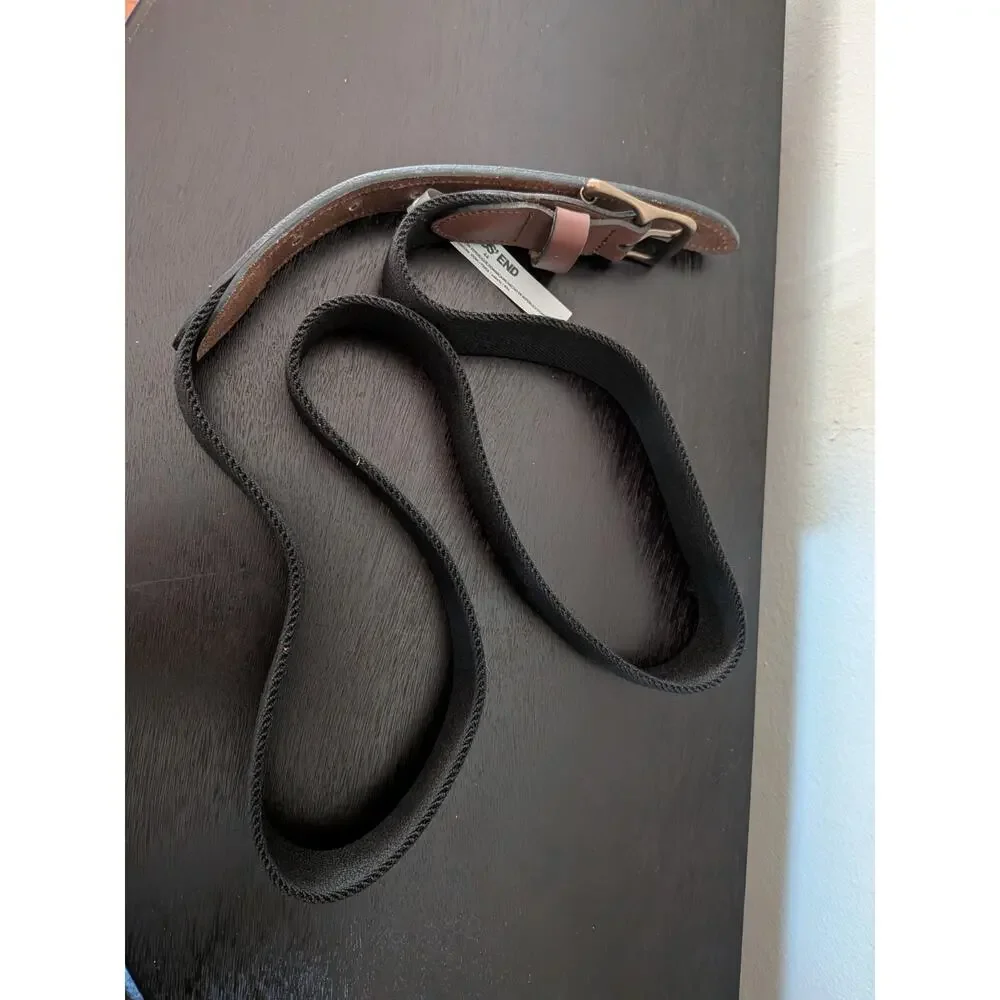 Lands' End Men's Stretch Belt Size 44 Black Elastic Cognac Leather Buckle
